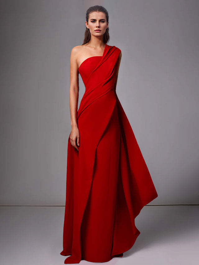 One-Shoulder Sleeveless Pleated Ruched Sheath Evening Gown