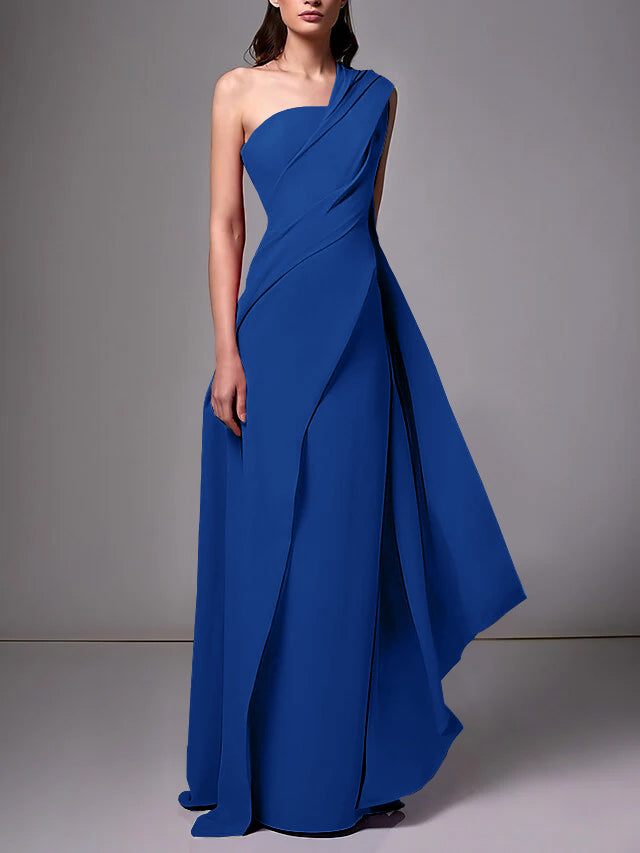 One-Shoulder Sleeveless Pleated Ruched Sheath Evening Gown