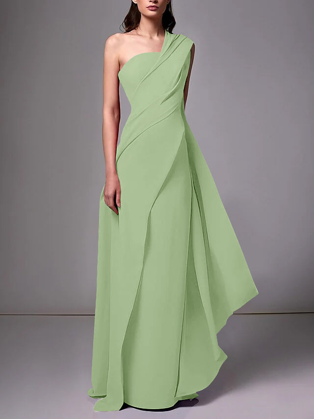 One-Shoulder Sleeveless Pleated Ruched Sheath Evening Gown