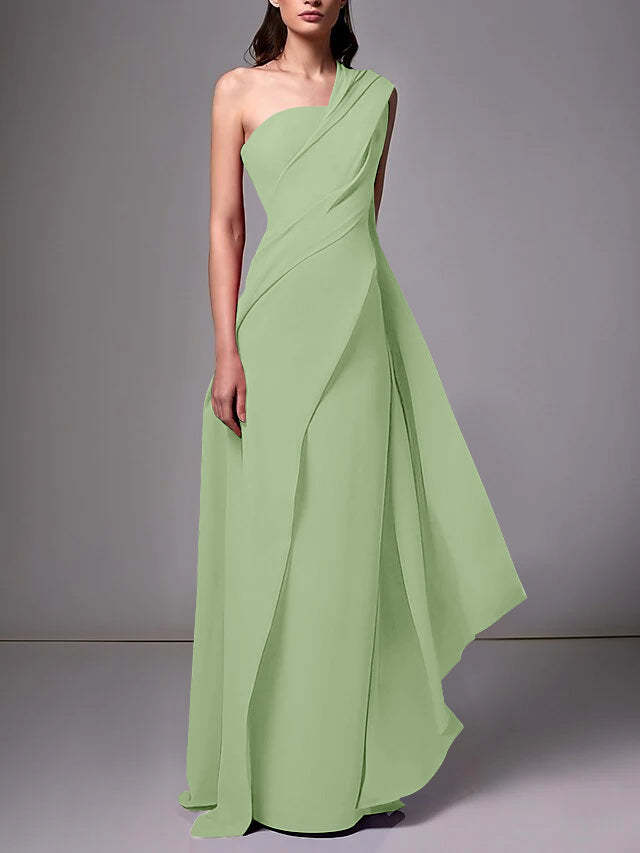 One-Shoulder Sleeveless Pleated Ruched Sheath Evening Gown