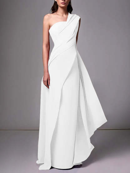 One-Shoulder Sleeveless Pleated Ruched Sheath Evening Gown