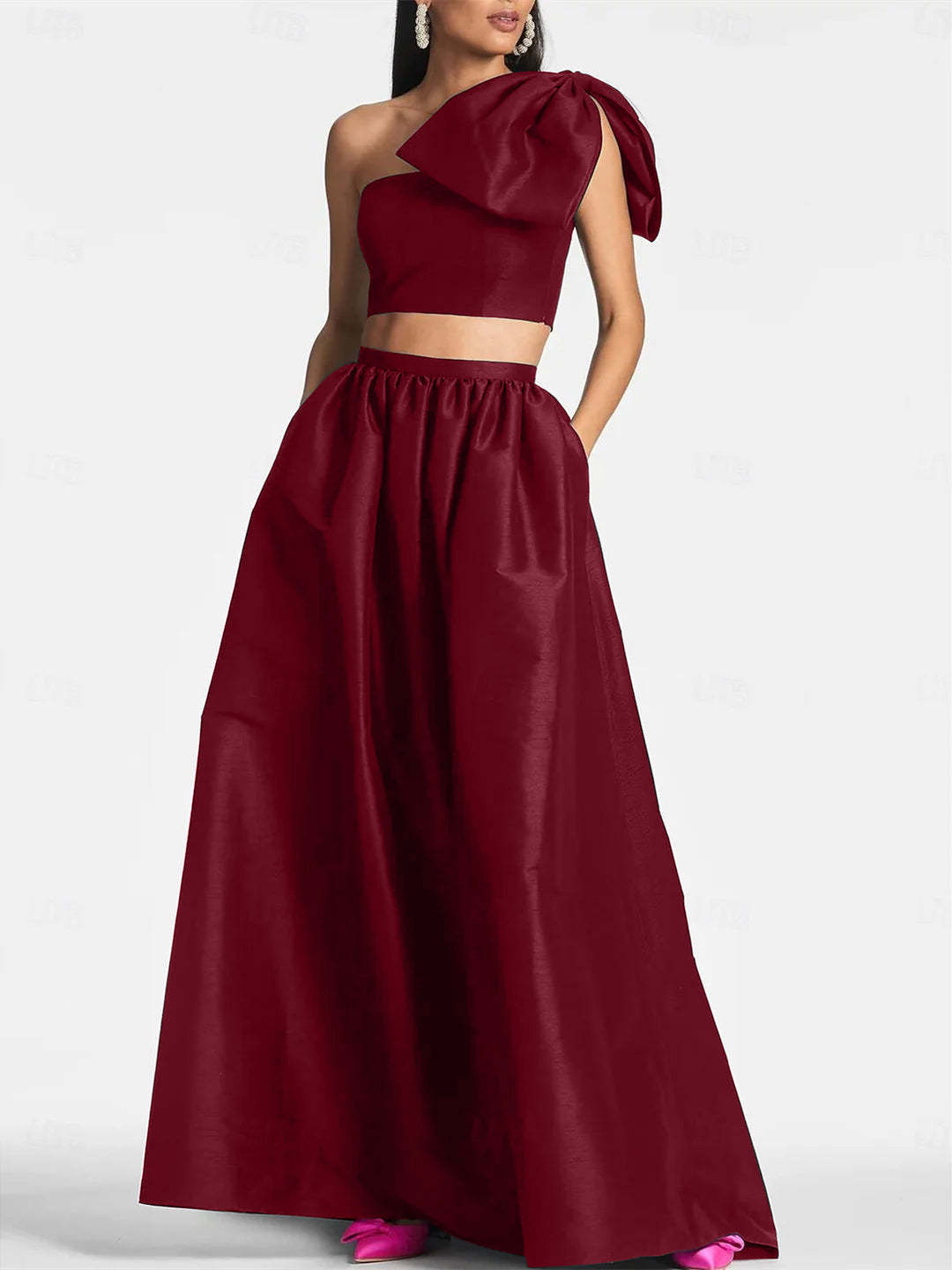 One-Shoulder Satin A-Line Floor-Length Wedding Guest Dress with Pocket Bow(s)