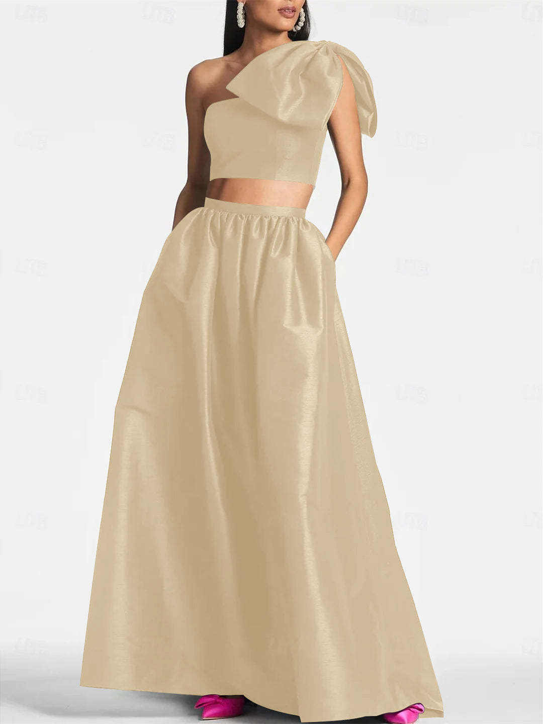 One-Shoulder Satin A-Line Floor-Length Wedding Guest Dress with Pocket Bow(s)