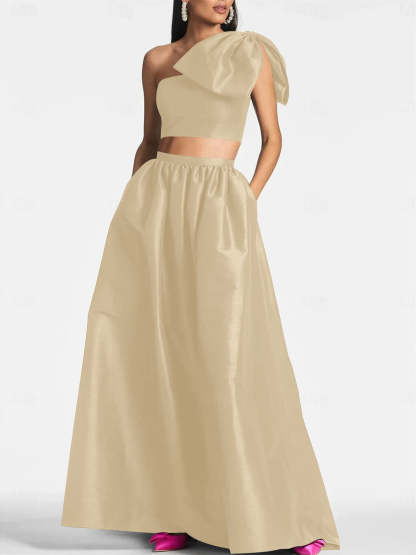 One-Shoulder Satin A-Line Floor-Length Wedding Guest Dress with Pocket Bow(s)