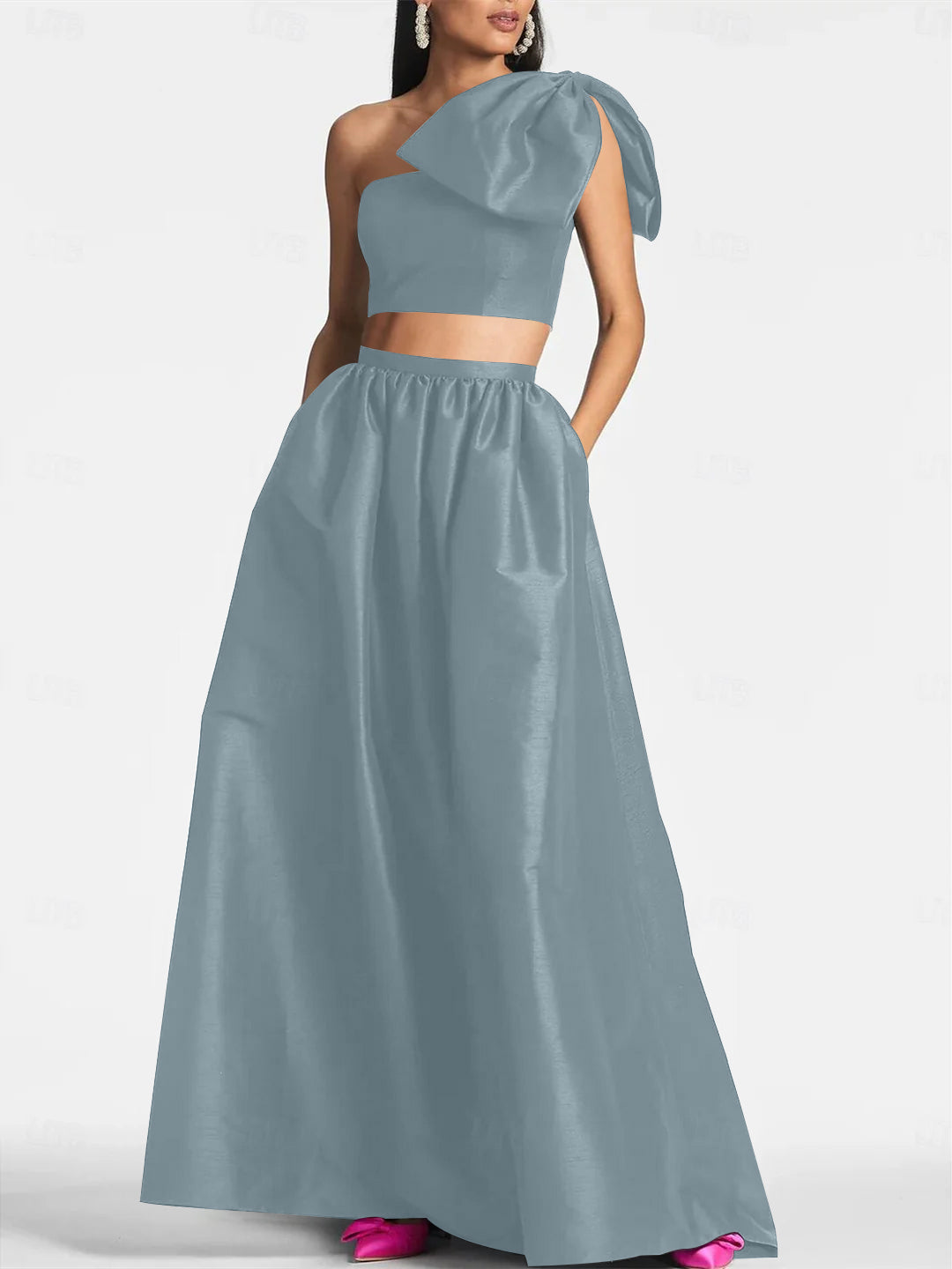 One-Shoulder Satin A-Line Floor-Length Wedding Guest Dress with Pocket Bow(s)