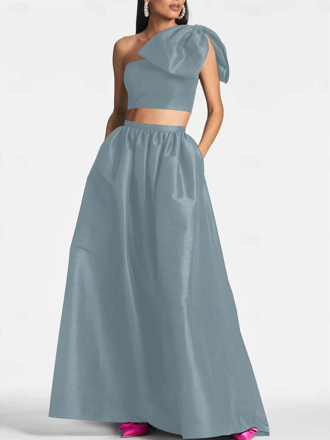 One-Shoulder Satin A-Line Floor-Length Wedding Guest Dress with Pocket Bow(s)