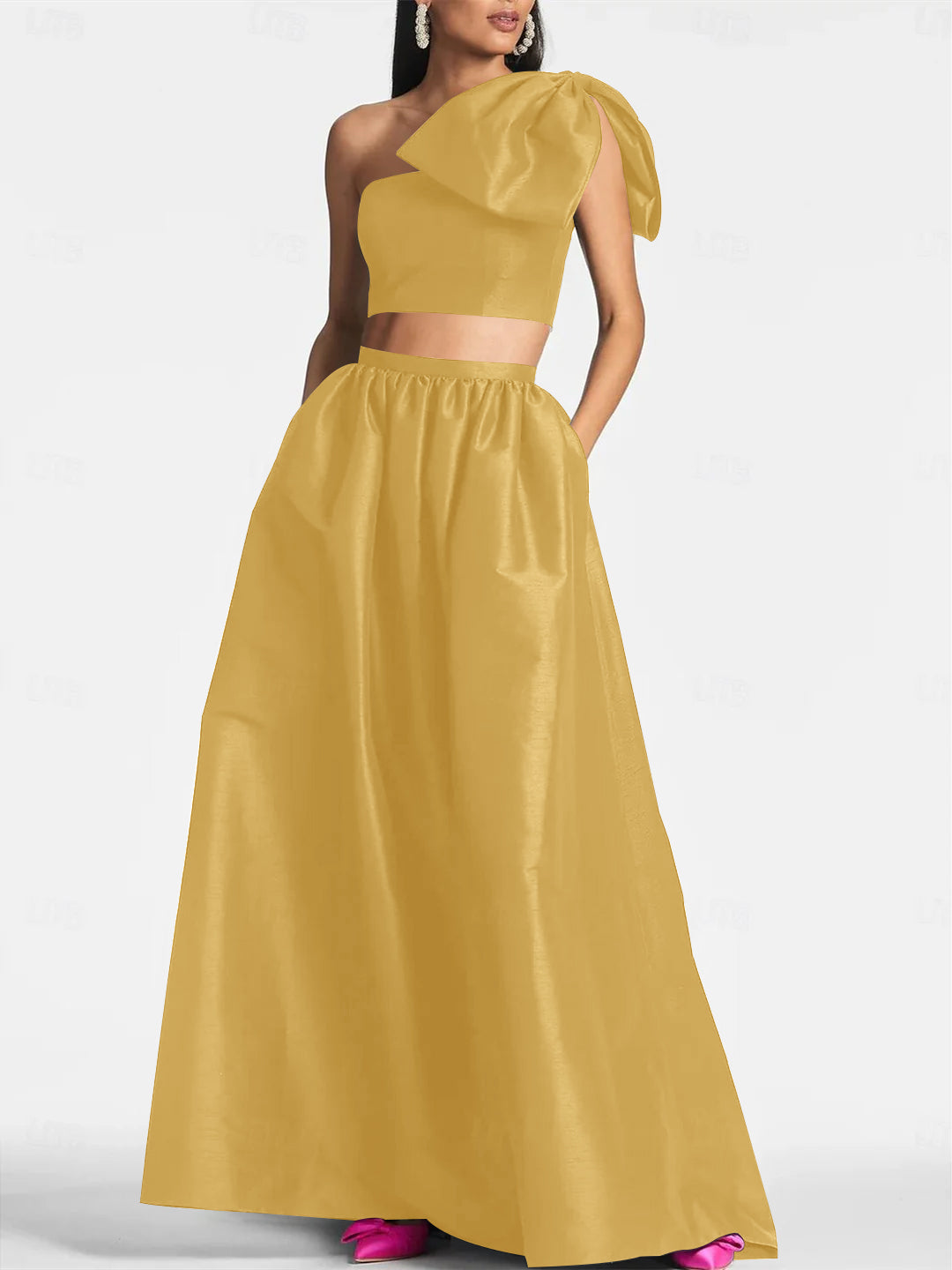 One-Shoulder Satin A-Line Floor-Length Wedding Guest Dress with Pocket Bow(s)