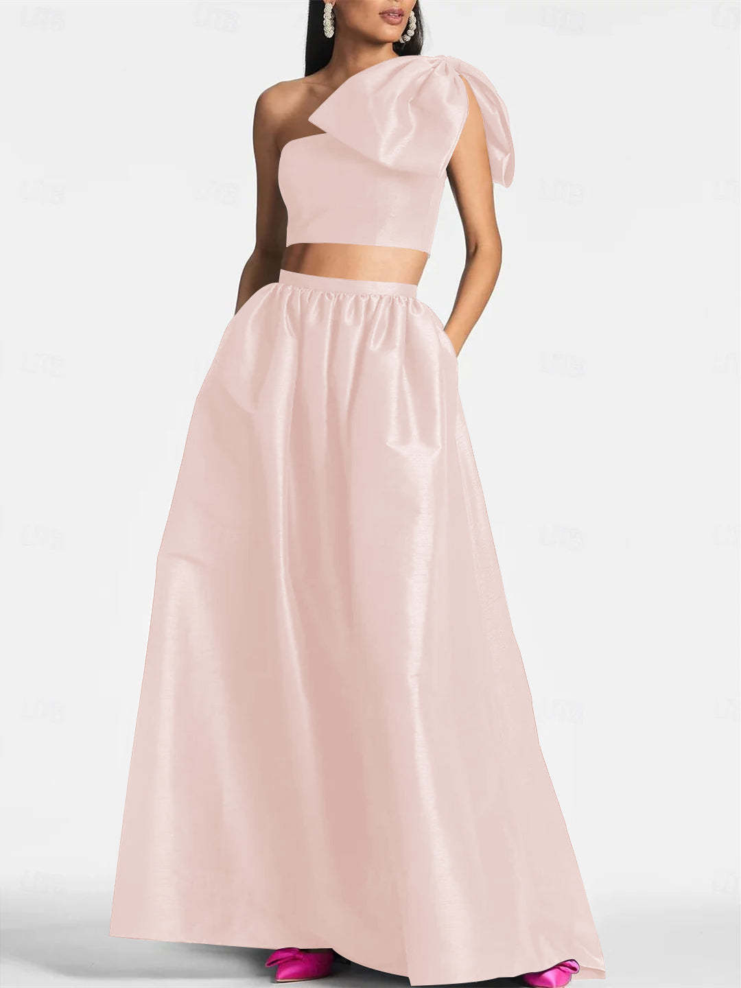 One-Shoulder Satin A-Line Floor-Length Wedding Guest Dress with Pocket Bow(s)
