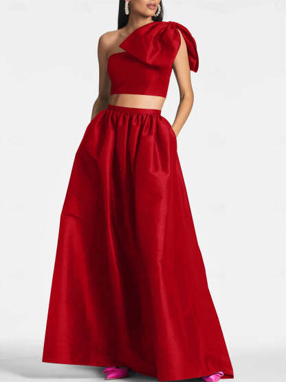 One-Shoulder Satin A-Line Floor-Length Wedding Guest Dress with Pocket Bow(s)