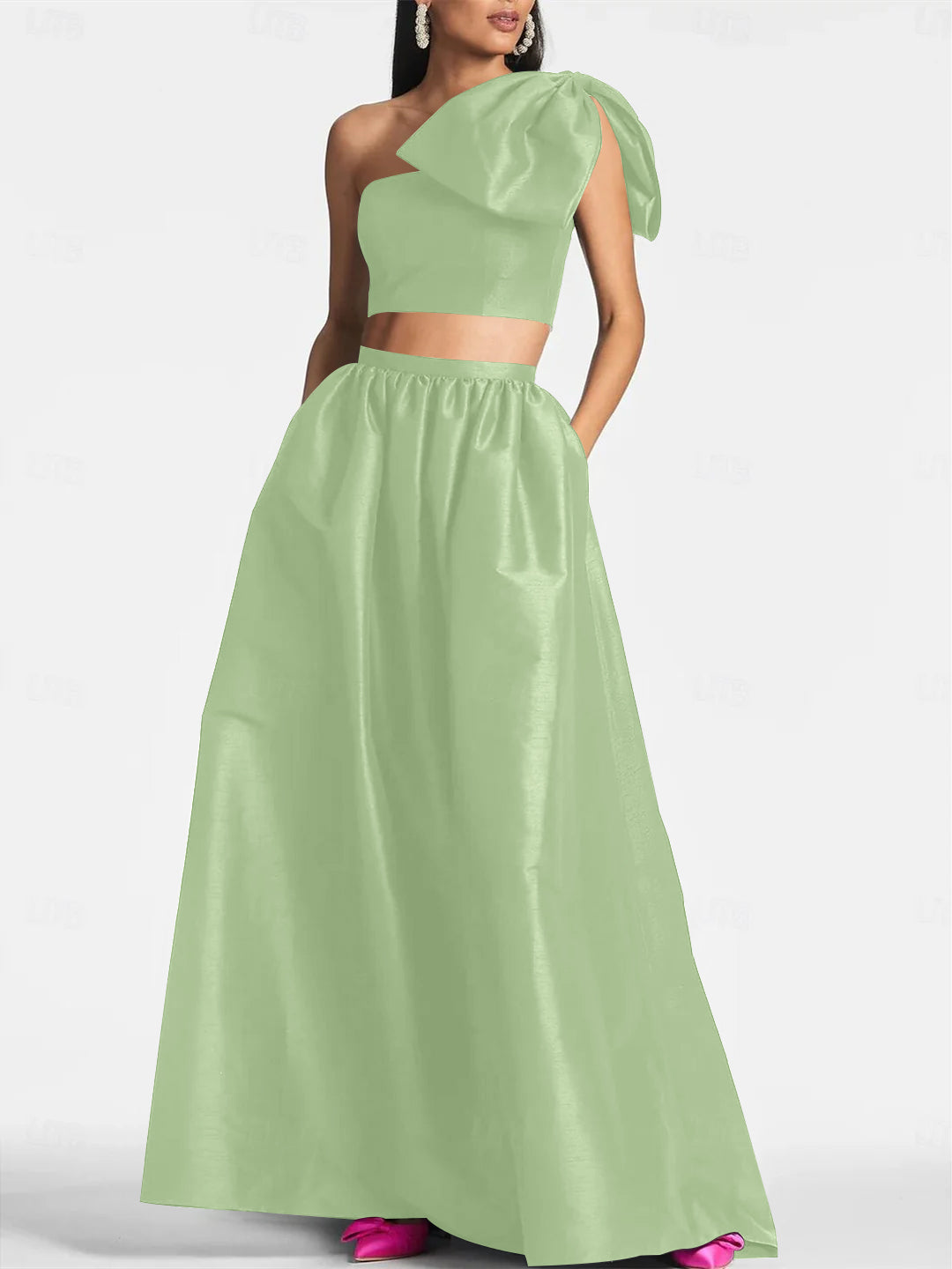 One-Shoulder Satin A-Line Floor-Length Wedding Guest Dress with Pocket Bow(s)