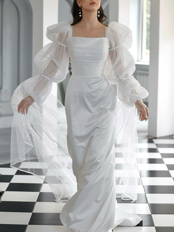 Square Neckline Long Sleeve Wedding Dress with Sweep Train in Satin Chiffon