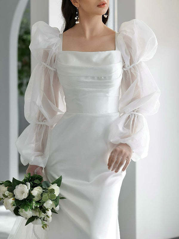 Square Neckline Long Sleeve Wedding Dress with Sweep Train in Satin Chiffon