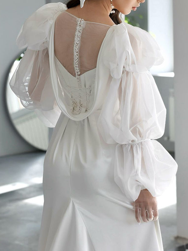 Square Neckline Long Sleeve Wedding Dress with Sweep Train in Satin Chiffon