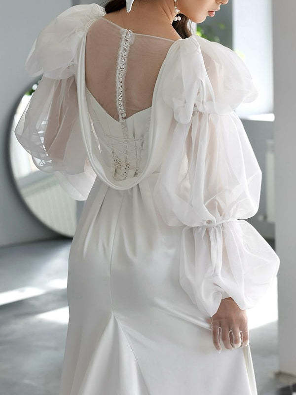 Square Neckline Long Sleeve Wedding Dress with Sweep Train in Satin Chiffon