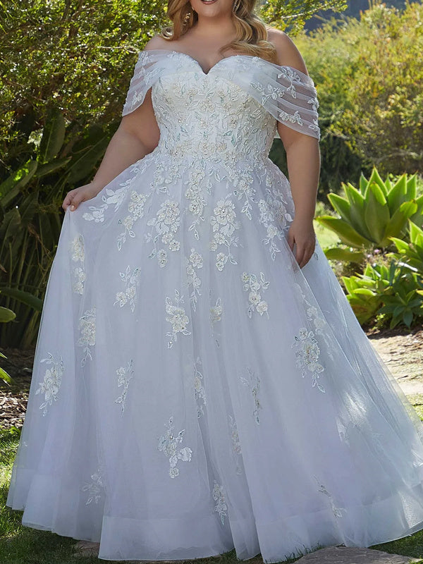 Off-the-shoulder Princess A-Line Tulle Wedding Dress with Lace and Court Train