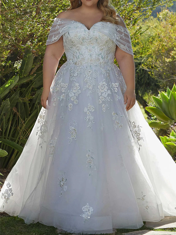 Off-the-shoulder Princess A-Line Tulle Wedding Dress with Lace and Court Train