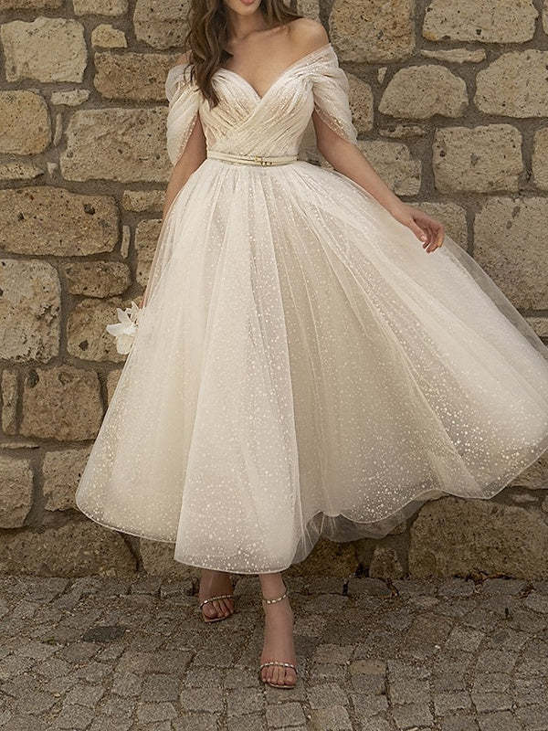 Princess A-Line Off-Shoulder Tea-Length Wedding Dress with Ruched Short Sleeves