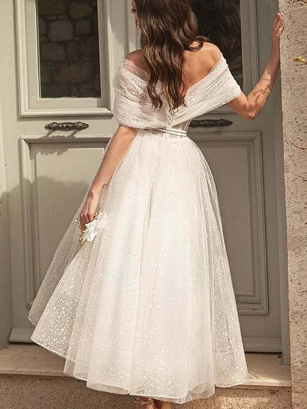 Princess A-Line Off-Shoulder Tea-Length Wedding Dress with Ruched Short Sleeves