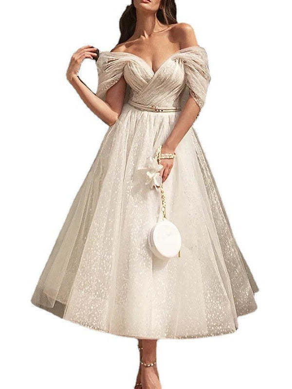 Princess A-Line Off-Shoulder Tea-Length Wedding Dress with Ruched Short Sleeves