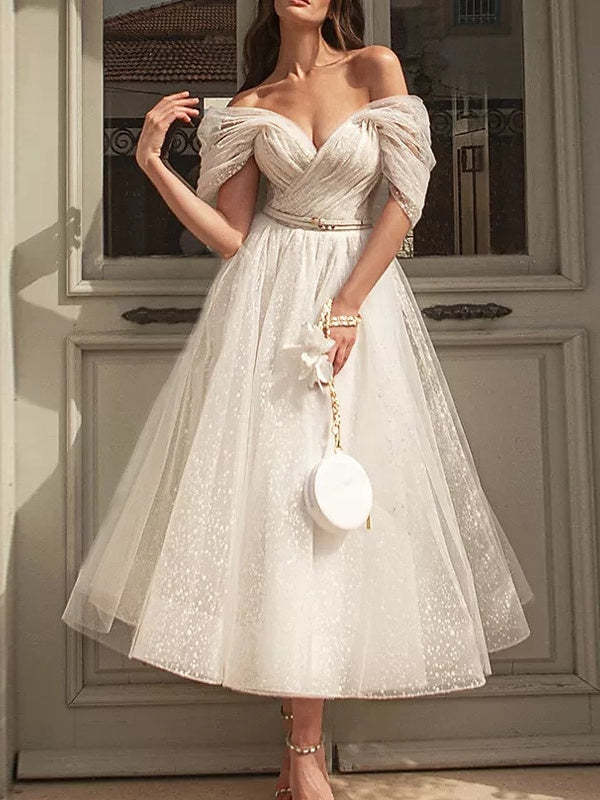 Princess A-Line Off-Shoulder Tea-Length Wedding Dress with Ruched Short Sleeves