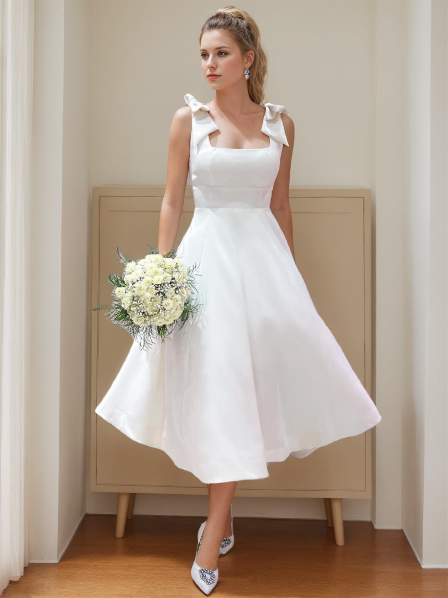 Square Neck Tea-Length Lace Ball Gown Wedding Dress