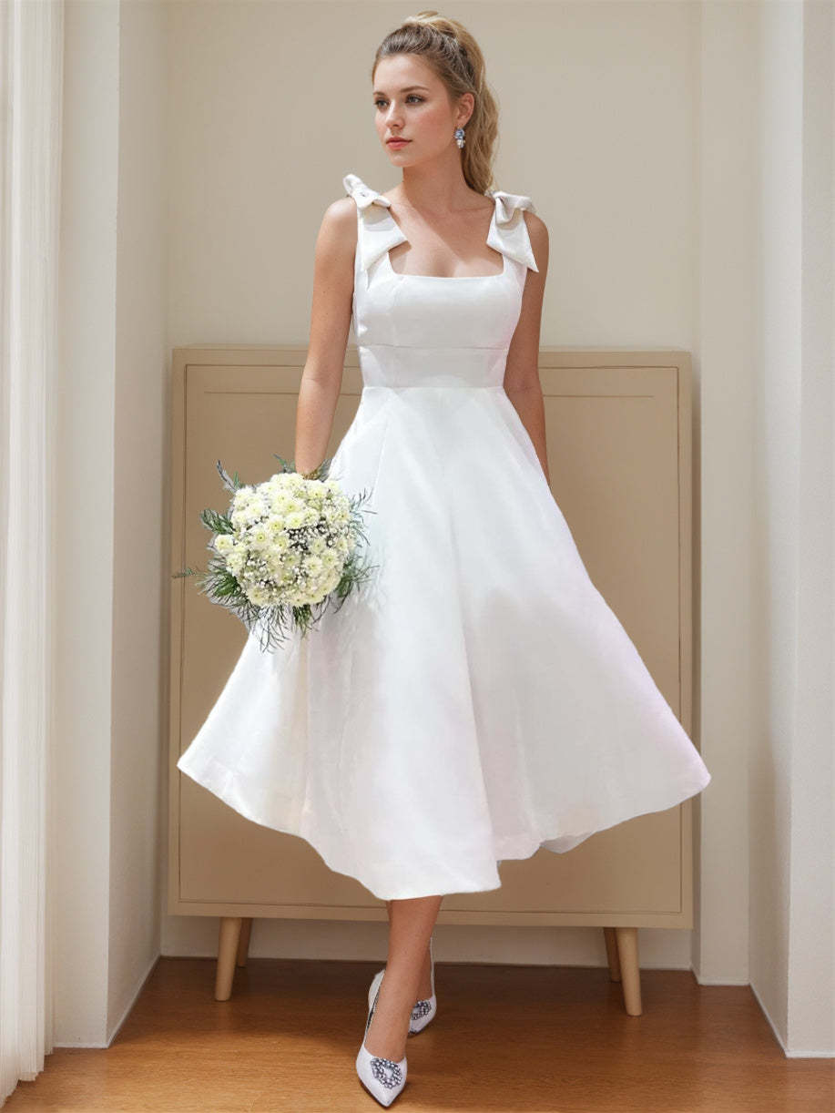 Square Neck Tea-Length Lace Ball Gown Wedding Dress