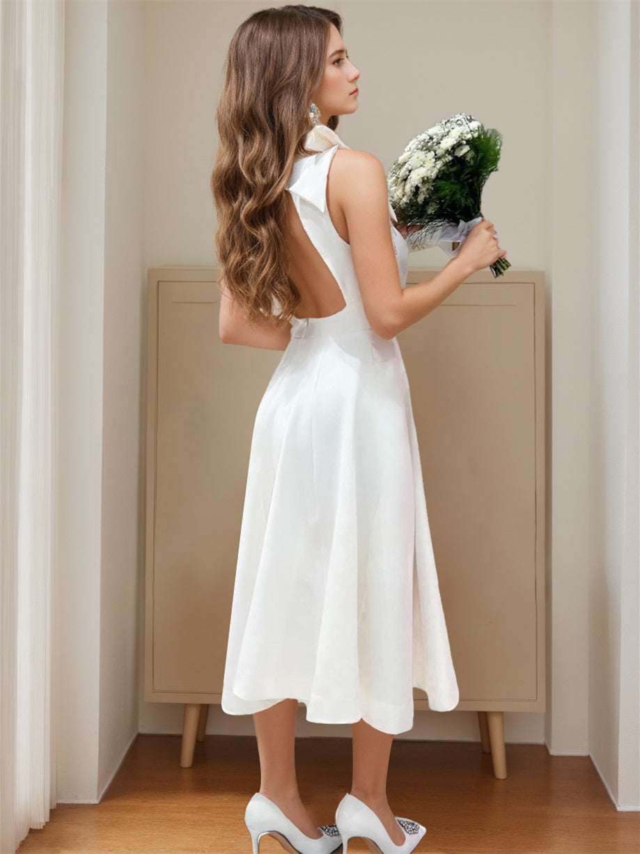 Square Neck Tea-Length Lace Ball Gown Wedding Dress