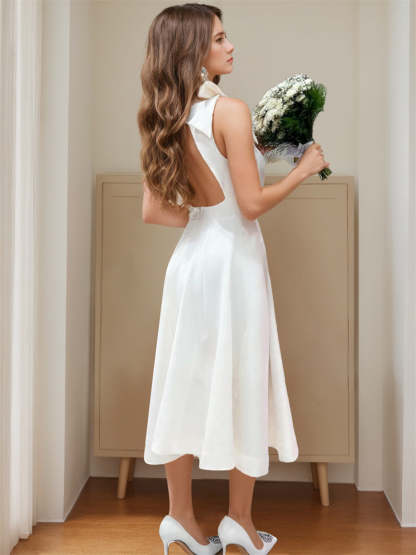 Square Neck Tea-Length Lace Ball Gown Wedding Dress