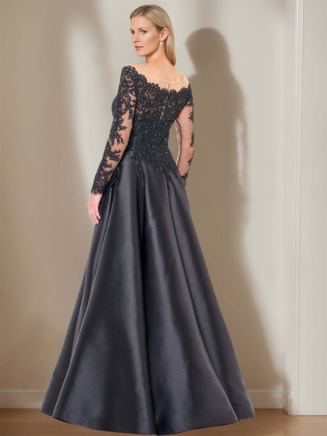 Princess A-Line Tea-Length Wedding Dress With Scoop Neck and Long Sleeves, Featuring a Bowknot