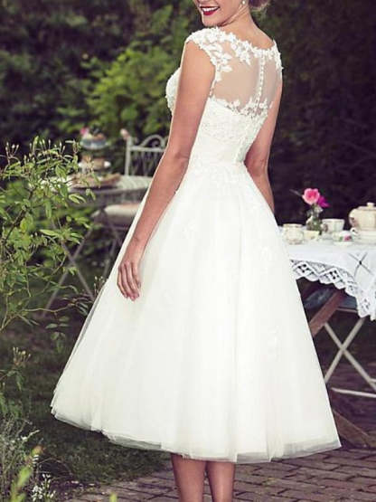 Princess A-Line Wedding Dress with Lace Tulle Illusion Neck and Tea-Length Appliques