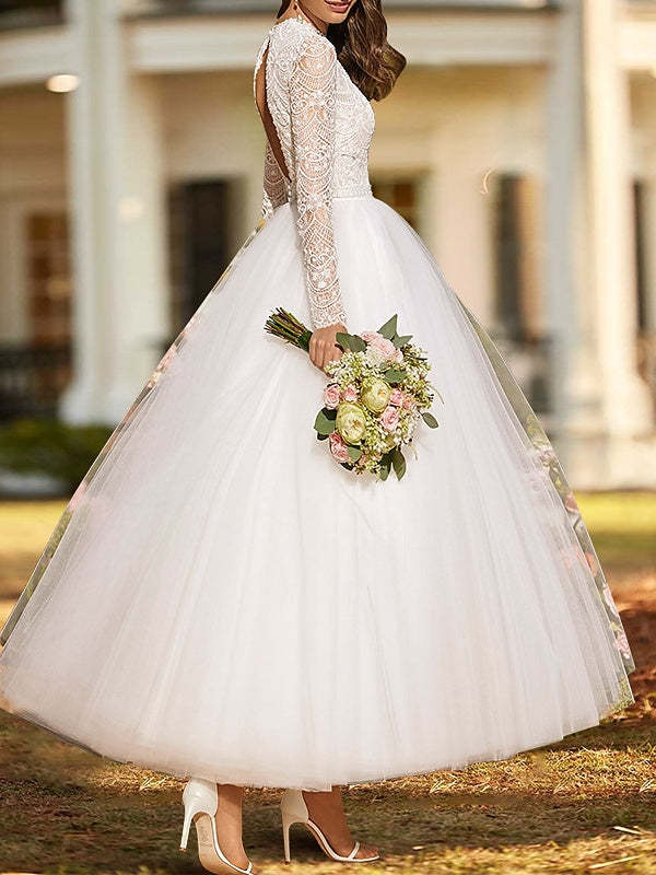 Long Sleeve Scoop Neck Ankle-Length Wedding Dress in Solid Color with Lace, Satin, and Tulle Appliques-BMbridal.UK