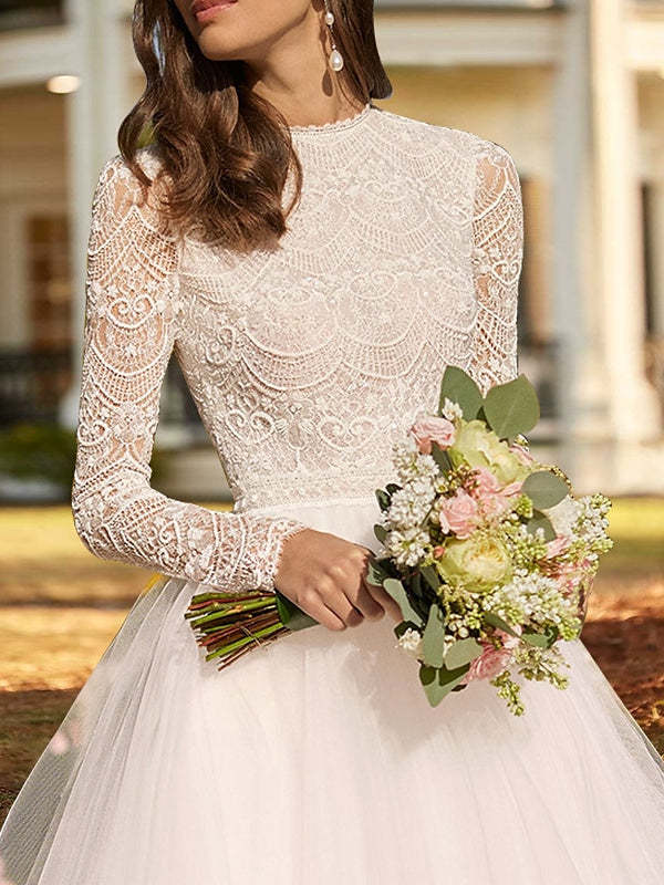 Long Sleeve Scoop Neck Ankle-Length Wedding Dress in Solid Color with Lace, Satin, and Tulle Appliques-BMbridal.UK