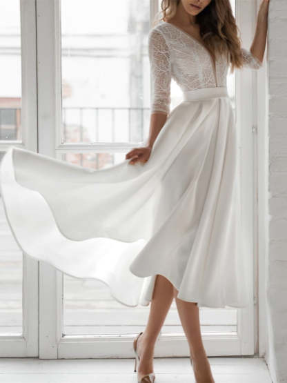 Princess A-Line Wedding Dress with V Neck and 3/4 Sleeves in Solid Color Chiffon Lace