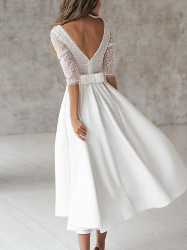 Princess A-Line Wedding Dress with V Neck and 3/4 Sleeves in Solid Color Chiffon Lace