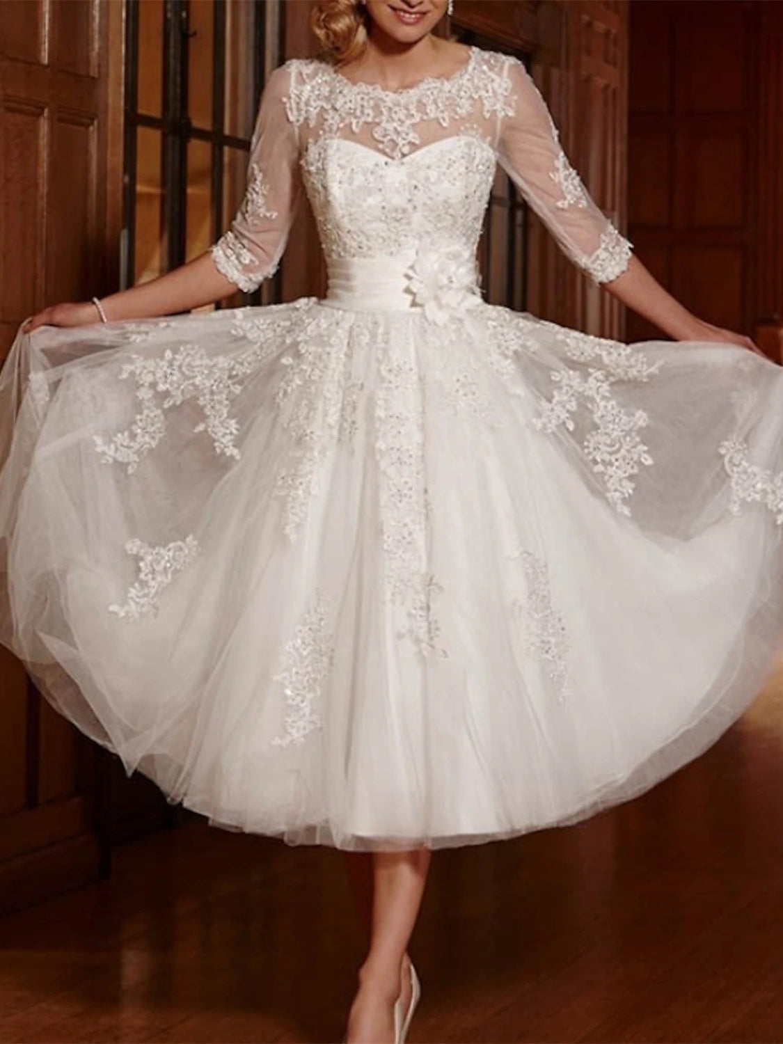 Wedding Dress with 3/4 Sleeves, A-Line/Princess Cut, Lace Tulle Illusion Neck, and Tea-Length Appliques-BMbridal.UK
