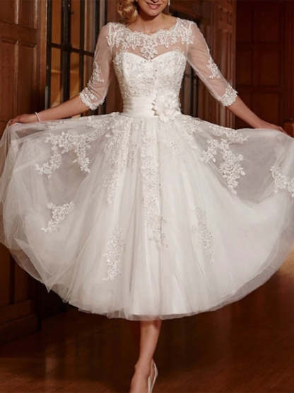 Wedding Dress with 3/4 Sleeves, A-Line/Princess Cut, Lace Tulle Illusion Neck, and Tea-Length Appliques-BMbridal.UK