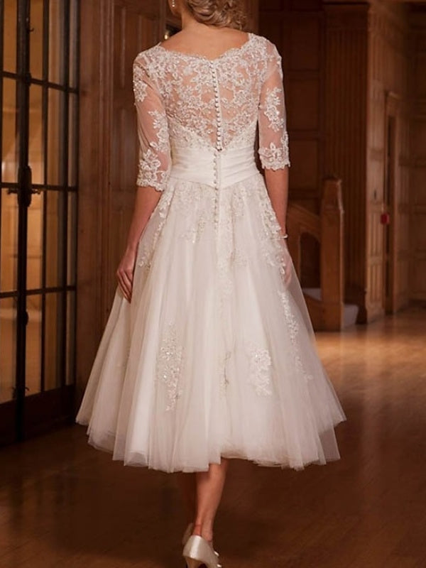 Wedding Dress with 3/4 Sleeves, A-Line/Princess Cut, Lace Tulle Illusion Neck, and Tea-Length Appliques-BMbridal.UK