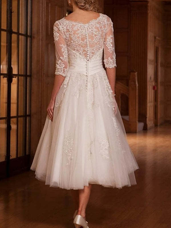 Wedding Dress with 3/4 Sleeves, A-Line/Princess Cut, Lace Tulle Illusion Neck, and Tea-Length Appliques-BMbridal.UK