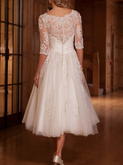 Wedding Dress with 3/4 Sleeves, A-Line/Princess Cut, Lace Tulle Illusion Neck, and Tea-Length Appliques-BMbridal.UK