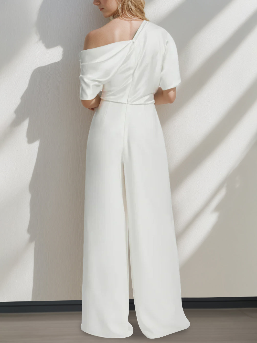 One-Shoulder A-Line Wedding Pantsuit With Ruffles, Half Sleeves and Floor Length