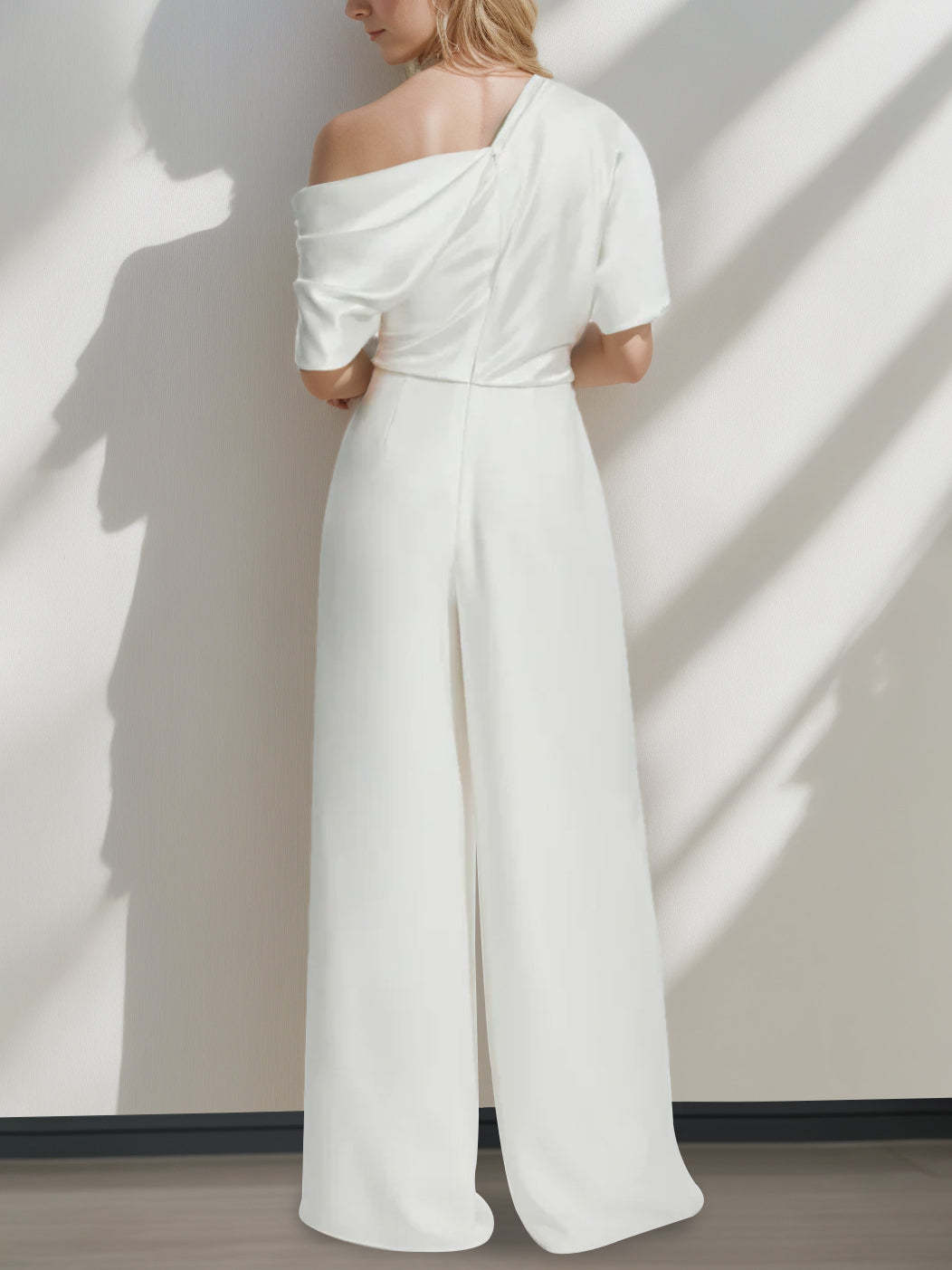 One-Shoulder A-Line Wedding Pantsuit With Ruffles, Half Sleeves and Floor Length