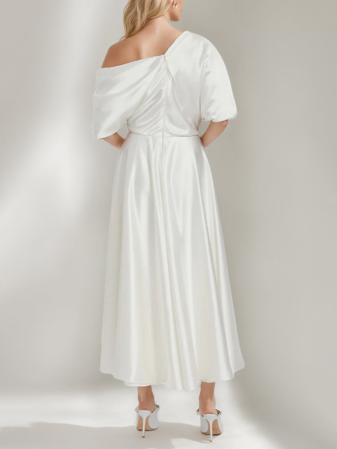 One-Shoulder A-Line Princess Wedding Gown with Ruffles, Half Sleeves, and Ankle Length