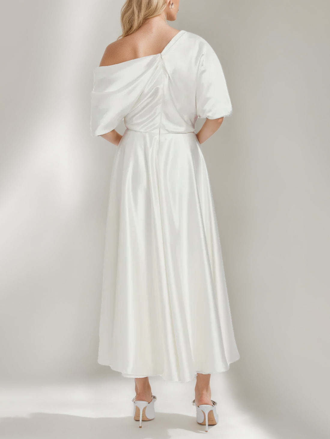 One-Shoulder A-Line Princess Wedding Gown with Ruffles, Half Sleeves, and Ankle Length