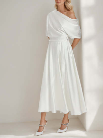 One-Shoulder A-Line Princess Wedding Gown with Ruffles, Half Sleeves, and Ankle Length