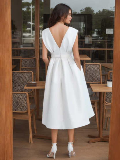 Sleeveless Tea-Length A-Line Wedding Dress with Princess Scoop and Ruffles