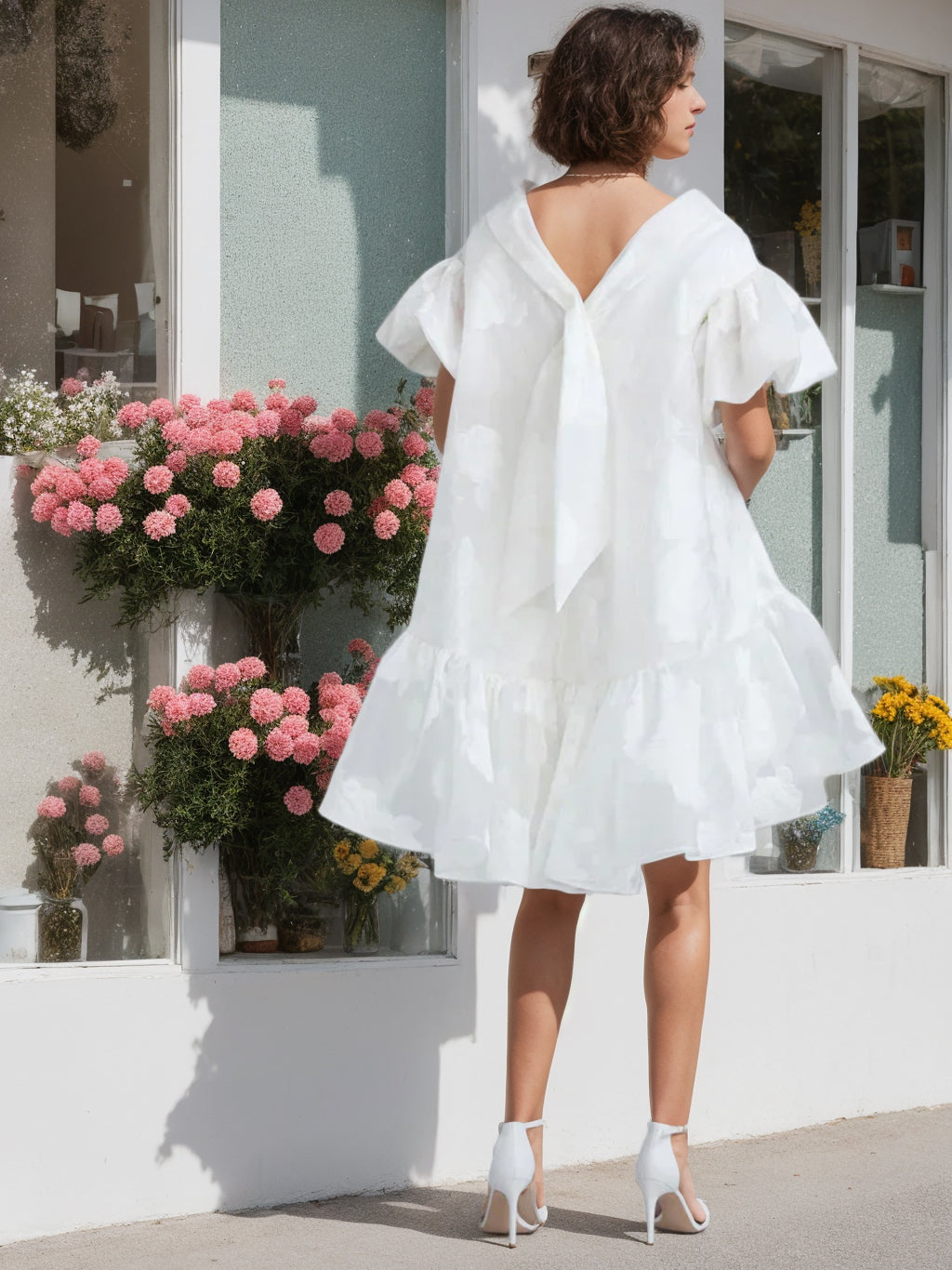 Short Sleeve Asymmetrical A-Line Wedding Dress with Princess Round Neck and Bowknot