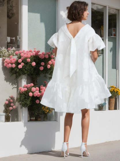 Short Sleeve Asymmetrical A-Line Wedding Dress with Princess Round Neck and Bowknot