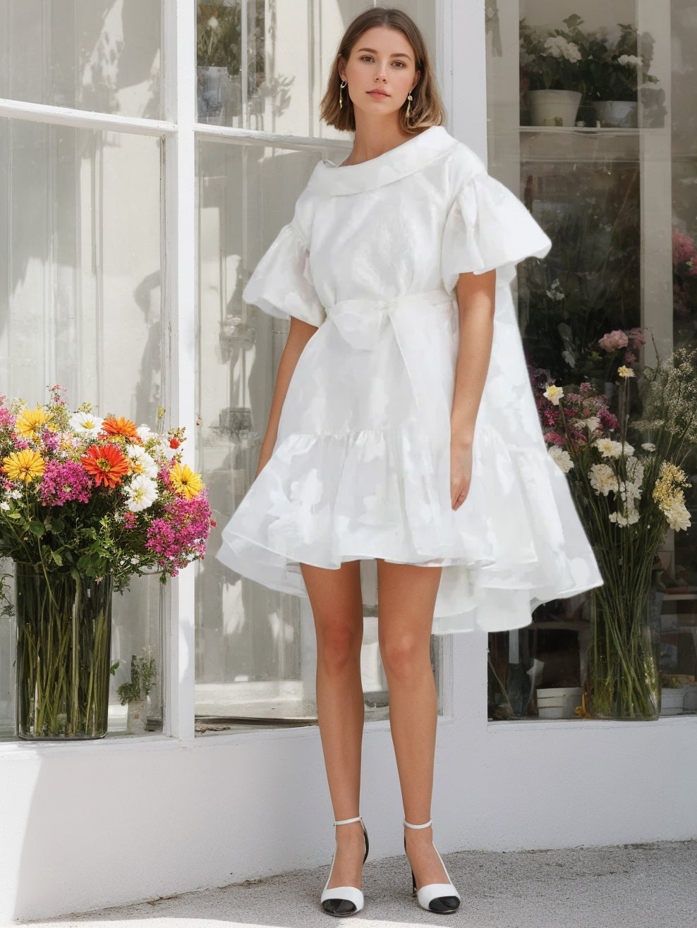Short Sleeve Asymmetrical A-Line Wedding Dress with Princess Round Neck and Bowknot