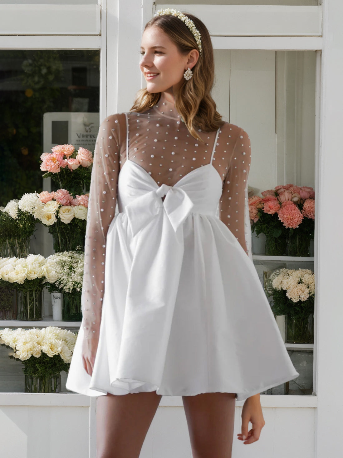 Mini A-Line Princess Wedding Dress with Spaghetti Straps and Long Sleeves, Featuring a Bowknot