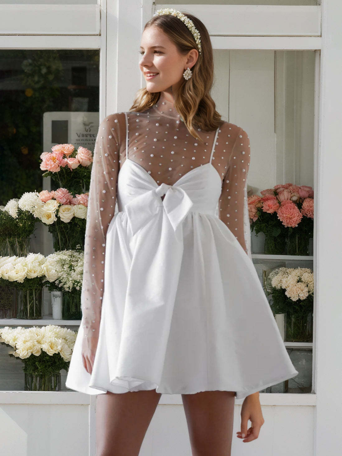 Mini A-Line Princess Wedding Dress with Spaghetti Straps and Long Sleeves, Featuring a Bowknot